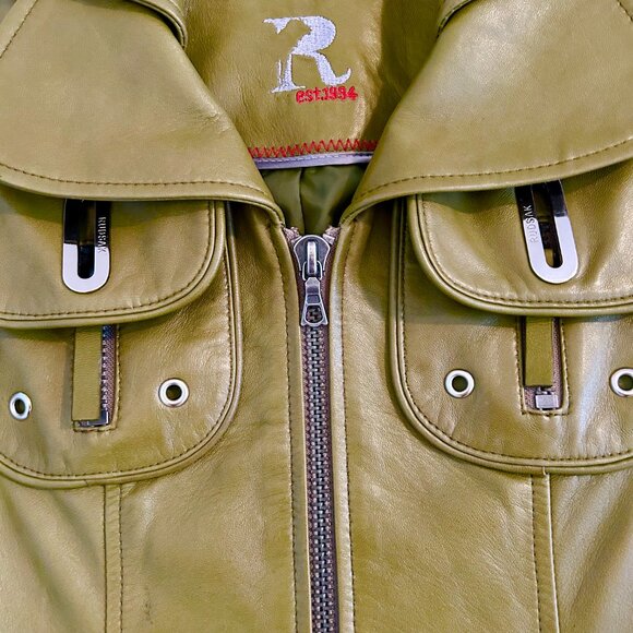 RUDSAK Martini Olive Leather Jacket XS – Designer Moto Bomber Fall Spring Style - Picture 3 of 7